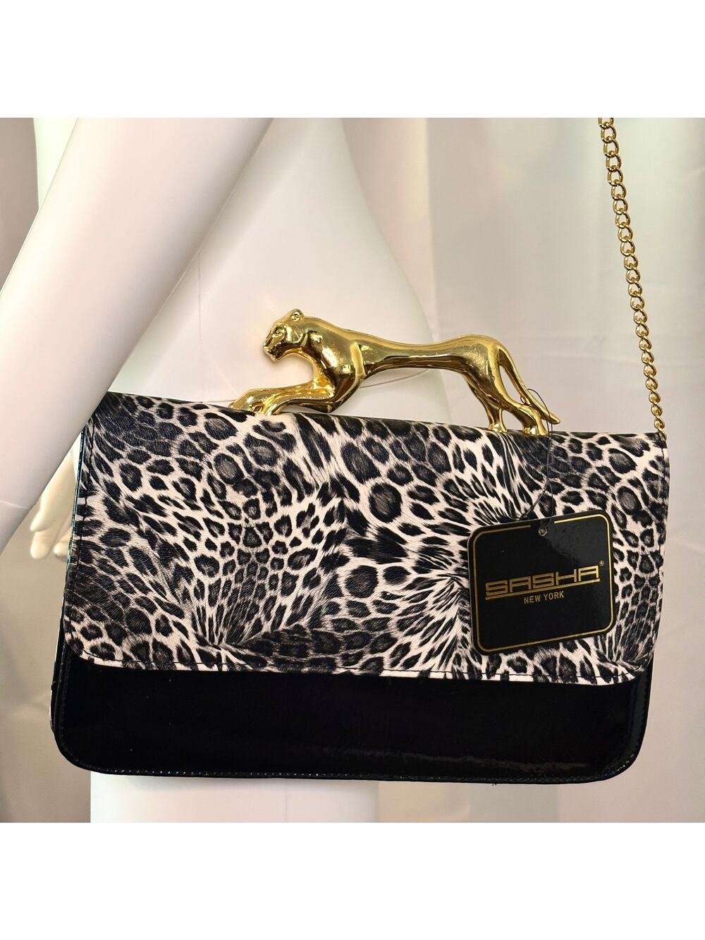 Sasha NY Gold Leopard Chain Purse Grey Black Handbag Wilderkind PinUp Glam NEW